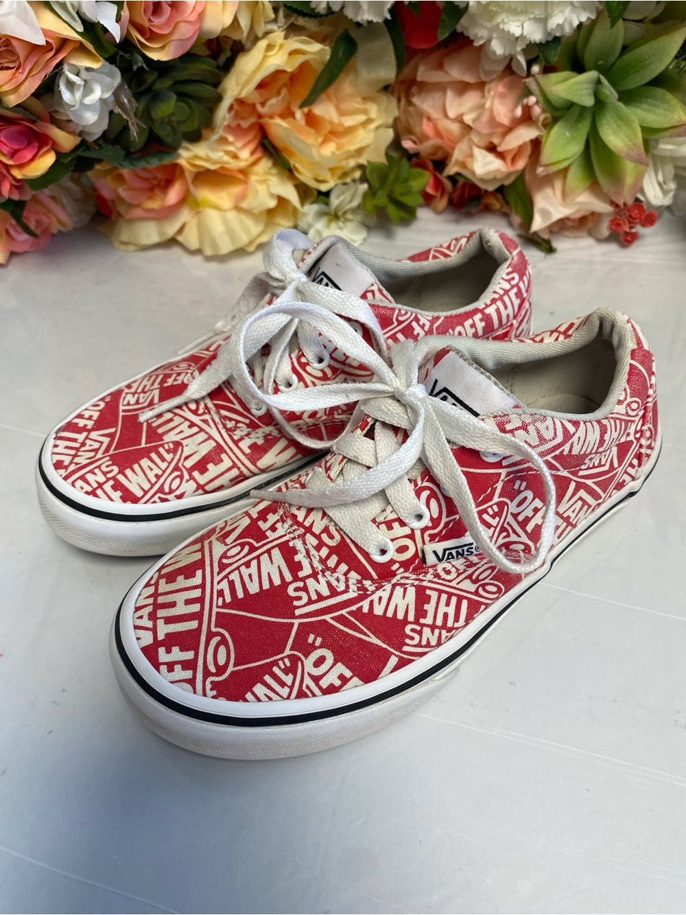Vans Authentic Off The Wall All-Over Logo Print Red Youth 1 Canvas Sneakers